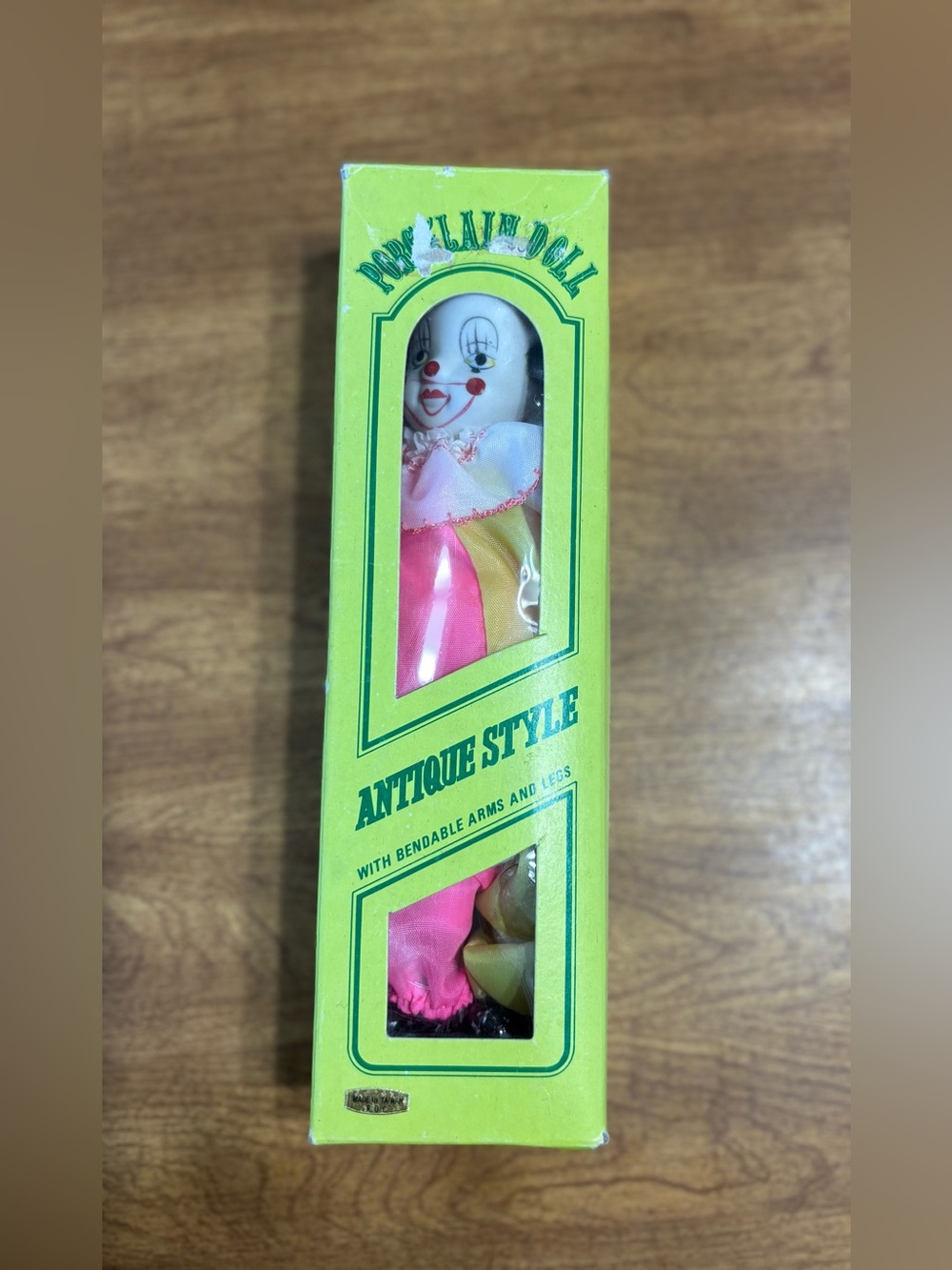 VTG porcelain clown doll neon pink, yellow lime green 9in w box